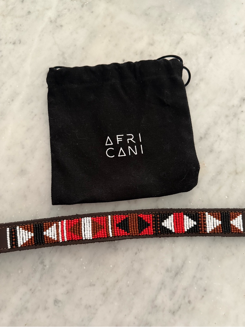 Beaded Leather Dog Collar — Brown with Red & White Accents
